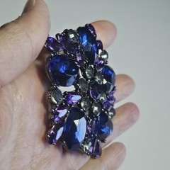 Dark Silver Tone Purple Blue Gray Rhinestone Brooch