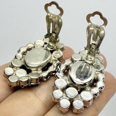 Vtg Juliana D&E Book Piece Cat Eye Glass Cabochon Earrings Red Clear Silver Clip