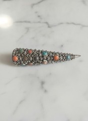 Antique 1930s Chinese Silver Filigree Nail Guard Brooch Turquoise Coral Art Deco