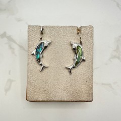 VTG Alpaca Mexico Silver Tone Dolphin Drop Dangle Earrings Inlaid Abalone Shell