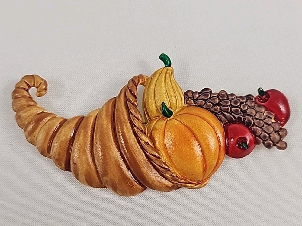 Tona Thanksgiving Autumn Fall Gold Tone Enamel Cornucopia Pumpkin Brooch Signed