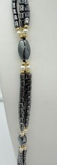 Vintage Long Hematite Beaded Necklace Triple Strand Gold Tone Faux Pearl 30”