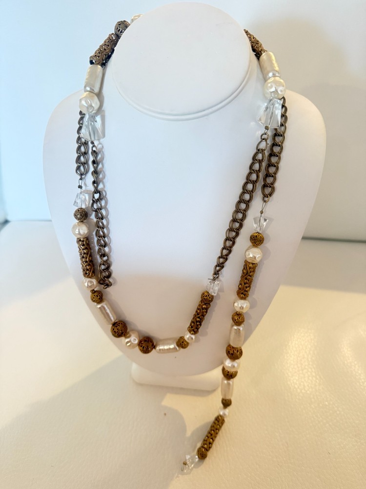 VINTAGE MIRIAM HASKELL LONG NECKLACE 46″ FAUX PEARL CRYSTAL FILGREE BRASS TONE