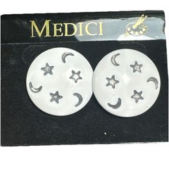 Vintage Medici Pierced Lucite Earrings Round Boho Stars Moon Magical White Sky