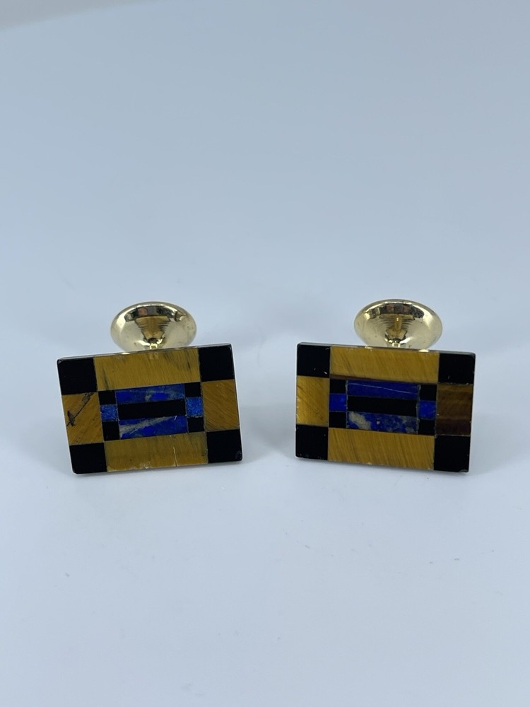 Vintage Onyx Lapis Tigers eye rectangle cufflinks polished gold tone fixed backs