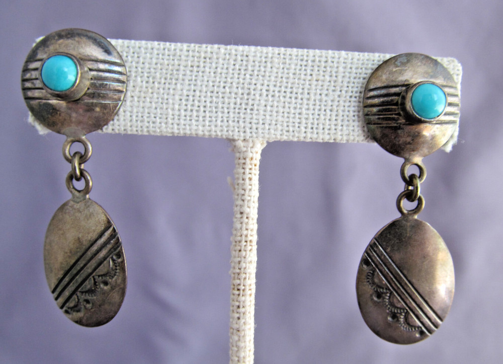 VINTAGE OLD PAWN STERLING EB EUGENE BELONE TURQUOISE OVAL DANGLE PIERCE EARRINGS