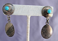 VINTAGE OLD PAWN STERLING EB EUGENE BELONE TURQUOISE OVAL DANGLE PIERCE EARRINGS