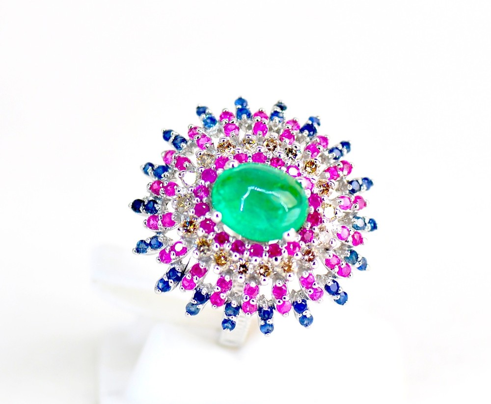18KT WHITE GOLD COLORFUL COLOMBIAN EMERALD RUBY DIAMOND BLUE SAPPHIRE RING