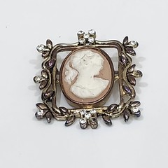 Vintage Cameo Brooch Gold Tone Floral Square Frame Crystals Signed AAi