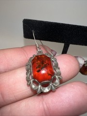 VTG Sterling Silver Amber Dangle Earrings 925 Pierced Floral Cognac Baltic Style
