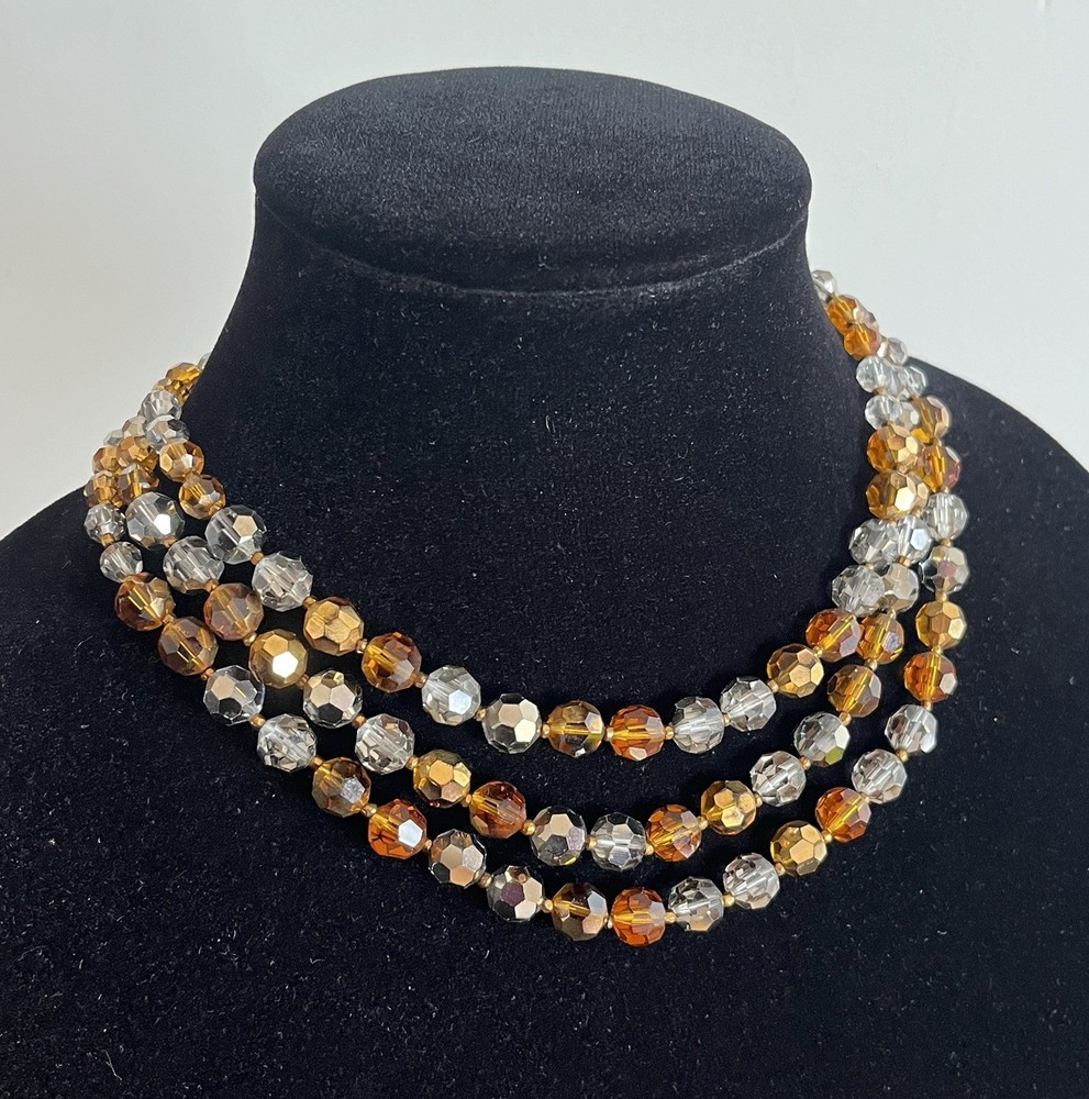 Vintage Crystal Necklace Layered Triple Multi Strand Smoky Gray Gold AB Marvella