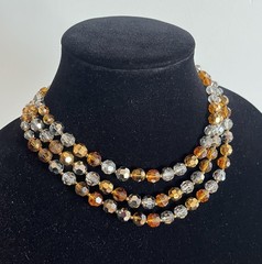 Vintage Crystal Necklace Layered Triple Multi Strand Smoky Gray Gold AB Marvella