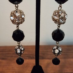 Vintage Signed Les Bernard Rhinestone & Faceted Black Dangle Ball Earrings 4″