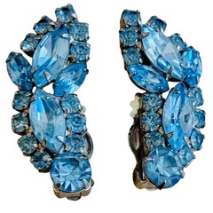 VTG blue Marquise Crystal rhinestone Earrings clip Retro Jeweled Estate 50s