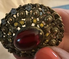 Victorian Brooch Brass Filigree Blue Yellow Flower Red Stone C Clasp Boho Czech?