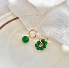 Vintage Asymmetric Gold-Tone Huggie Hoops with Green Jade Bead & Cluster Charms
