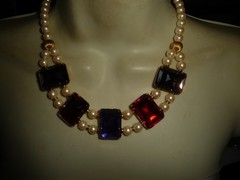 FAUX PEARLS W 5 LARGE MULTI COLORED RECTANGLE RHINESTONES BIB NECKLACE #23/2