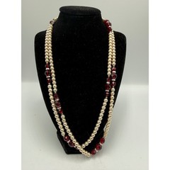 Vintage Faux Pearl and Ruby Red Faceted Glass Double Strand Necklace 24 Inch