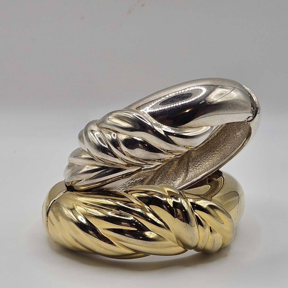 Vintage Clamp Cuff Bracelets Set Of 2 Gold And Silver Tone Costume Jewelry
