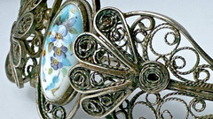 Vintage Painted Floral Motif Enamel Cuff Bracelet W/ Ornate Filigree