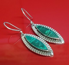 925 ATI Mexico Malachite Earrings 1.75in Drop Sterling Silver 6g Marquise Bezel