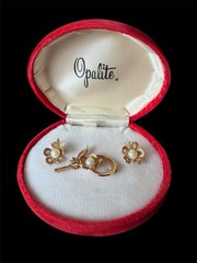 OPALITE 1/20 12KT Gold Filled Filigree Brooch & Screwback Earrings Vintage Box