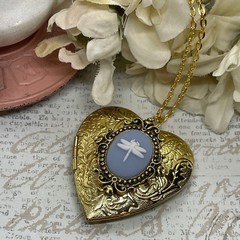 Gold Heart Locket Blue Wht Birthday Anniversary Wedding Dragonfly Cameo Necklace