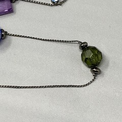 Glass Bead Station Necklace Blue Flower Lampwork Purple Acrylic Black Tone 36″