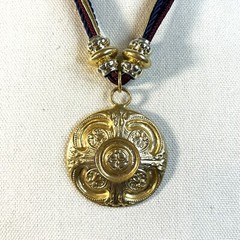 1980s Medallion Necklace Pendant 5 Strand Cord Large Statement Gold Tone Beads