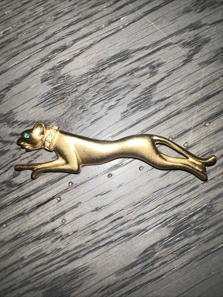 Jackie Collins JB Signed Panther Brooch Gold Tone Rhinestone Collar Green Eye