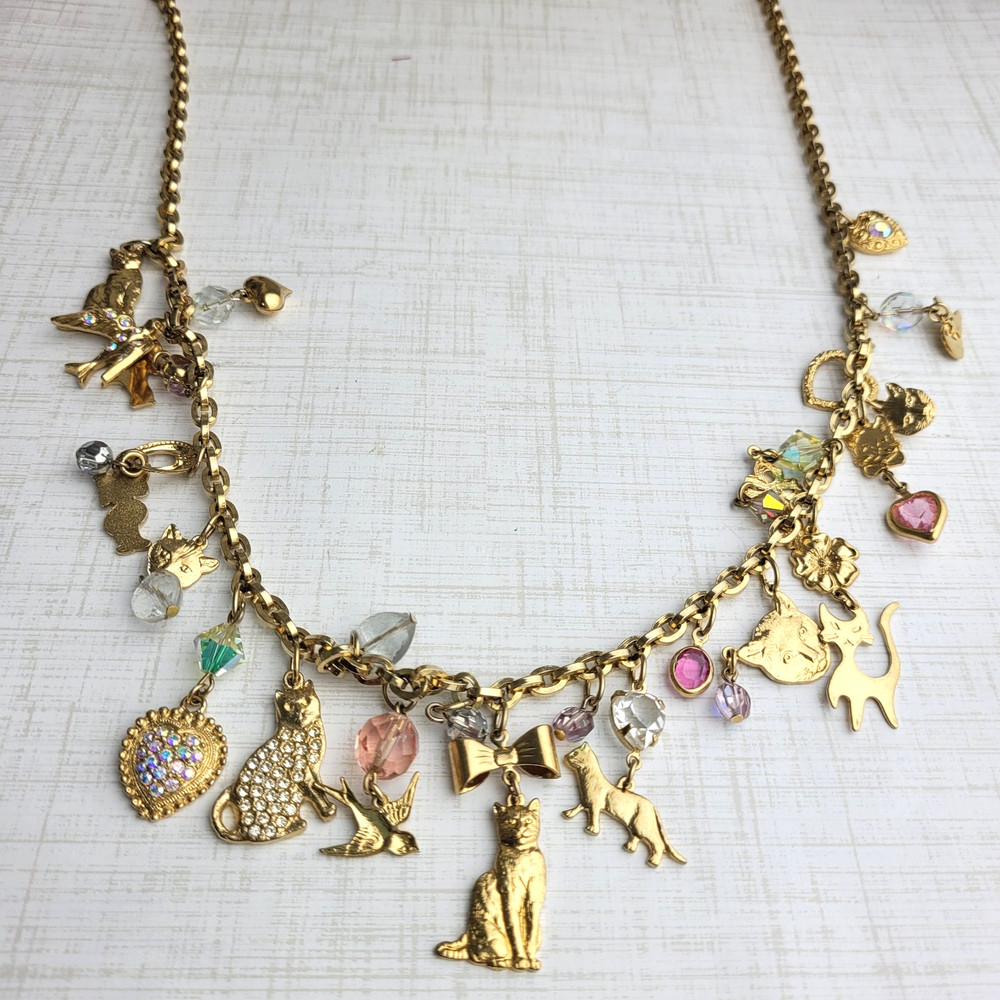 Vintage Kirks Folly Cat Charm Dangle Necklace Birds Crystals Bows Cats Heart 26″