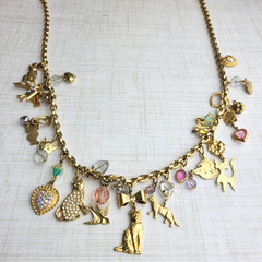 Vintage Kirks Folly Cat Charm Dangle Necklace Birds Crystals Bows Cats Heart 26″