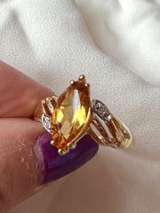 VINTAGE SOLID 14K YELLOW GOLD MARQUISE NAVETTE GOLDEN HONEY CITRINE DIAMOND RING