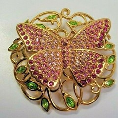 2002 Swarovski Swan Mark Signed Butterfly Brooch Pin Pink Green Rhinestones