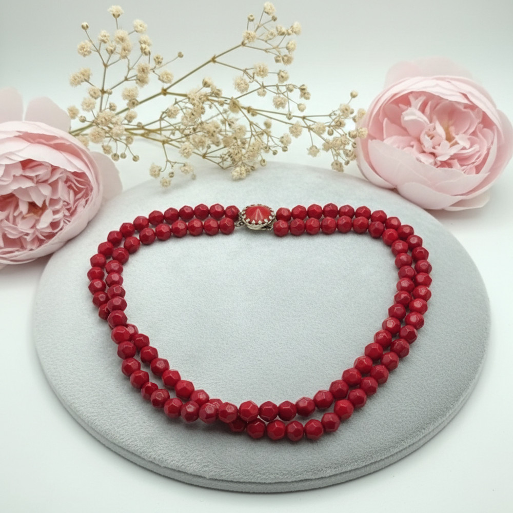 Vintage Double Strand Red Faceted Bead Necklace Box Clasp 18 In Classic