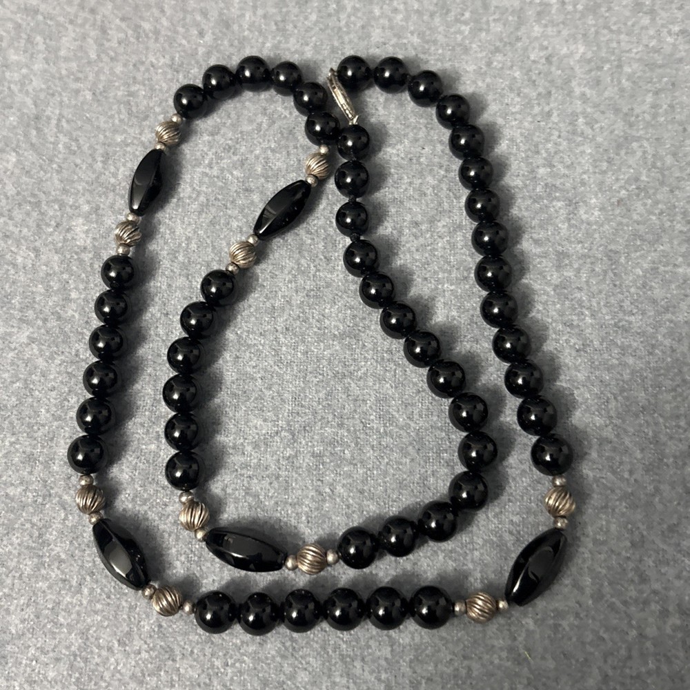 Vintage Sterling Silver And Black Onyx Necklace Beaded Ball Cocktail 25”