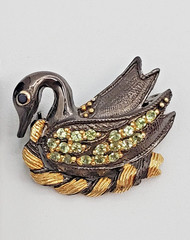 925 Swan Brooch 1.25in Rhodium Plate Sterling Silver Peridot Onyx Figural Estate