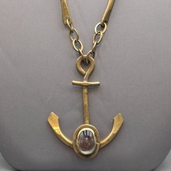 Vintage Brass Anchor Pendant Necklace Brutalist Glass Cabochon Statement Piece