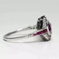 Art Deco Style Lab Created Diamond & Red Ruby Wedding 14k White Gold Finish Ring