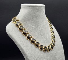 Vintage Gold Tone and Black Enamel Chevron Link Collar Necklace 17″ Long