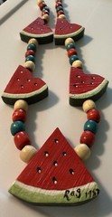 Vintage Fruit Salad Necklace Watermelon Wooden Beads Retro Signed 1987