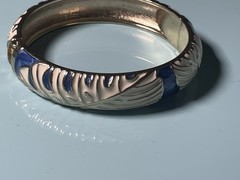 Vintage Enamel Hinge Bangle Bracelet Blue White Abstract Design Gold Tone