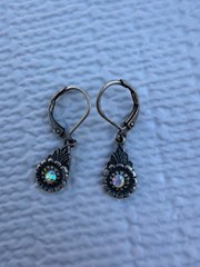 Vintage Silver Flower Earrings Aurora Borealis Rhinestone Leverback Dangle