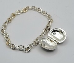 Vintage Silver Tone Chunky Chain Bracelet with Oval Enamel Locket & Blue Crystal