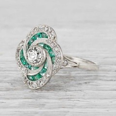 Art Deco Round Lab Created Diamond & Emerald Wedding 14Ct White Gold Finish Ring