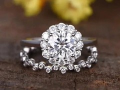 1.10Ct Round Cut lab Created Diamond Halo 14K White Gold FN Engagement Ring Set