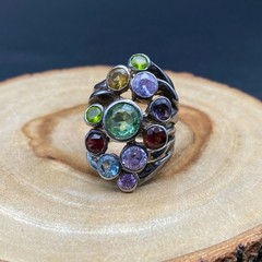Vintage Multiple Gem Stones Sterling Silver Ring Size 8.5