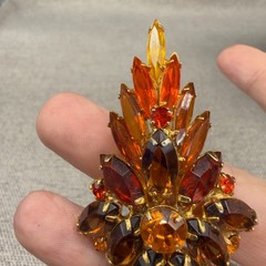 Vintage Brooch Marquise Amber Orange Brown Rhinestones 2.75 Inches