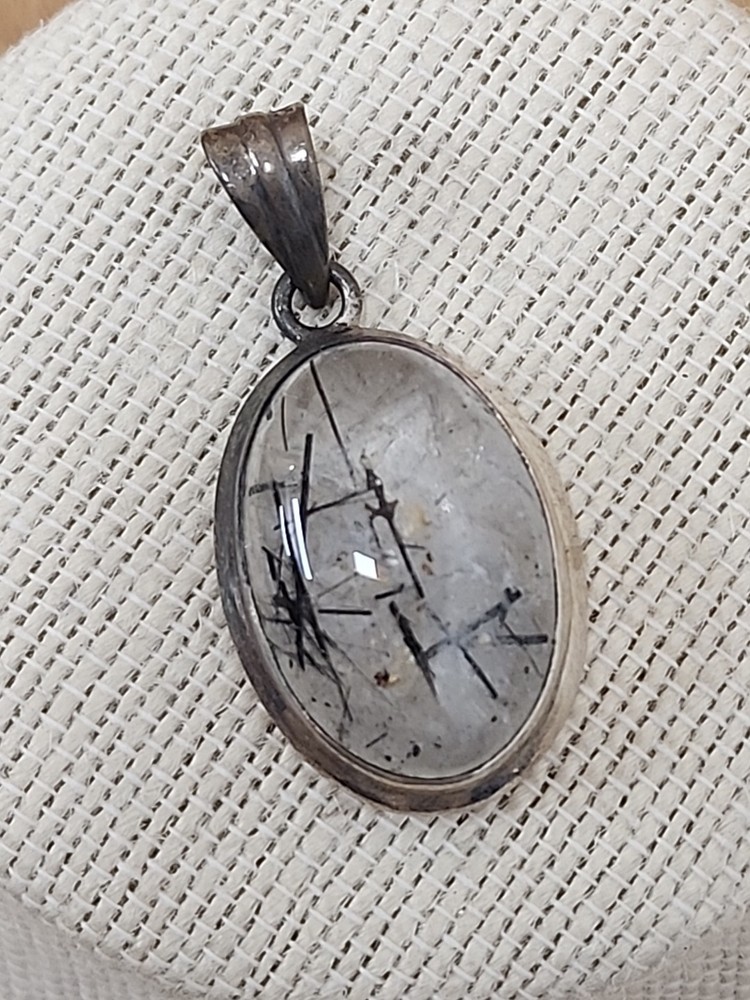 Sterling Silver 925 Oval Black Rutilated Quartz Statement Pendant