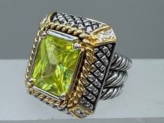 ESTATE GOLD SILVER PLATED MIX METAL CABLE LIME GREEN CRYSTAL UNISEX RING SIZE 5
